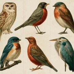 Fototapeta premium Owls, robins, and herons in a retro style with soft paper texture. It combines vintage bird drawings in muted colors.