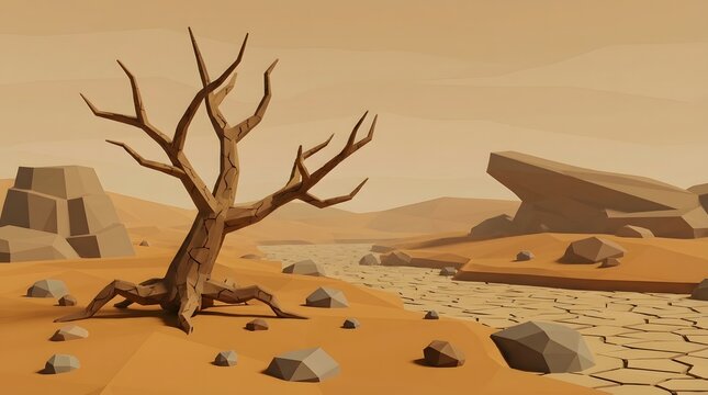 3D Low Poly Dead Tree in Dry Cracked Desert Landscape
