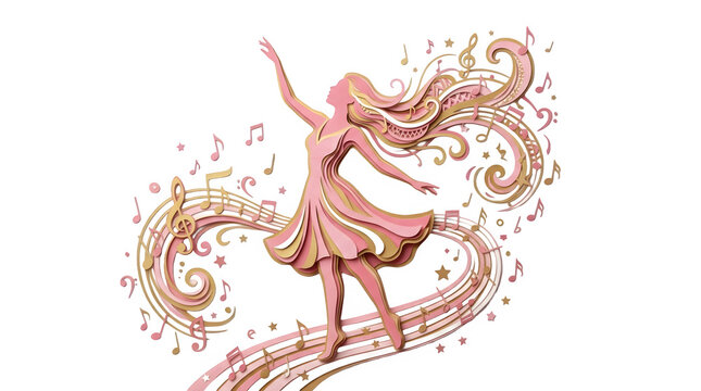 Paper cut style illustration of a dancing woman with flowing hair and musical notes isolated on transparent background