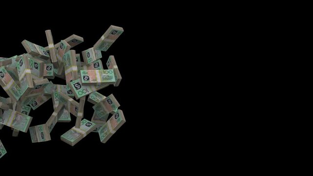3D Animation of Rolling 100 Australian Dollar Banknote Stacks Moving Across Black Background