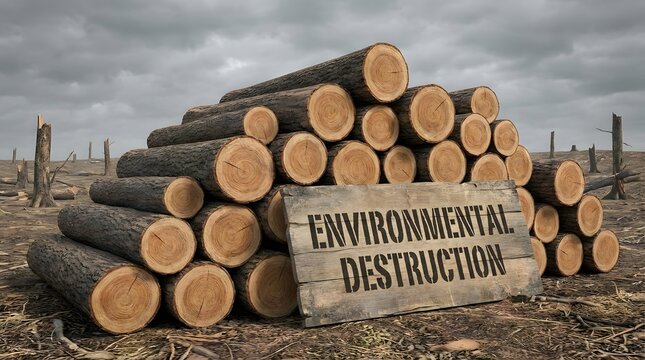 3d render of stacked wooden logs and an axe on dry cracked earth. Deforestation and clear cutting concept for environmental crisis background.
