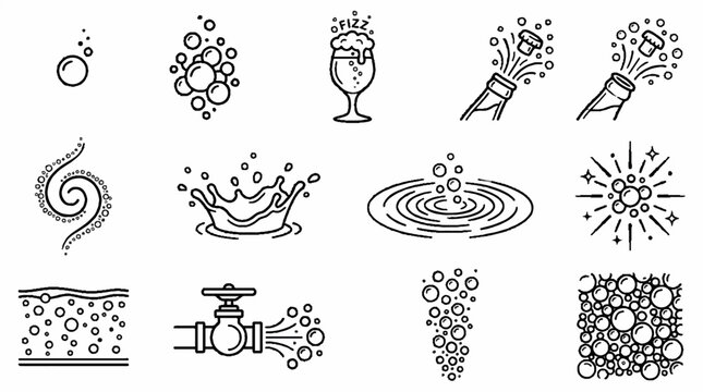Collection of liquid and bubble icons in hand drawn black line art style.