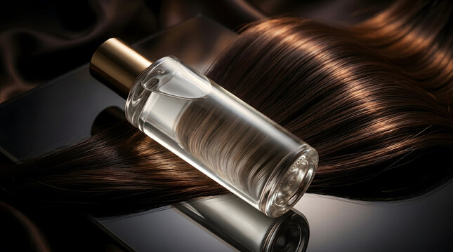 Glass serum bottle resting on shiny brown hair strand against dark reflective surface