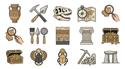 Ancient history and paleontology icons featuring fossils. © Adella