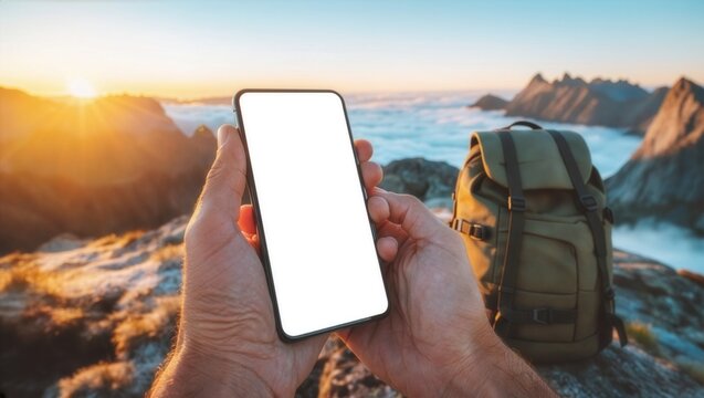 Close up of hands holding a smartphone with an isolated white screen mockup next to a backpack on a mountain top at sunrise, representing hiking navigation and outdoor lifestyle.