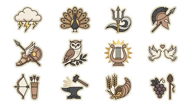 Ancient Greek mythology gods and symbols sticker set