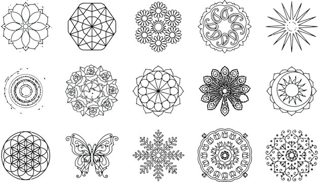 Collection of intricate black and white floral and geometric line art designs