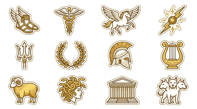 Ancient Greek mythology gold sticker icon set.