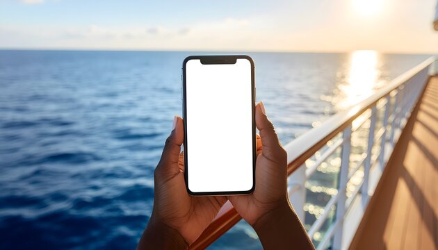 Person holding a smartphone with a blank white screen mockup on a cruise ship deck at sea during sunset, representing cruise booking apps, luxury vacation, and connectivity