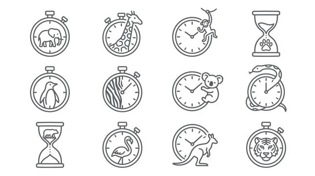 Animal themed stopwatch and clock line icon set grey.