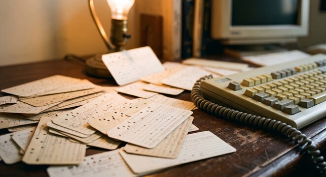 A cluttered wooden desk with vintage punch cards, a beige keyboard, and a computer monitor in the background