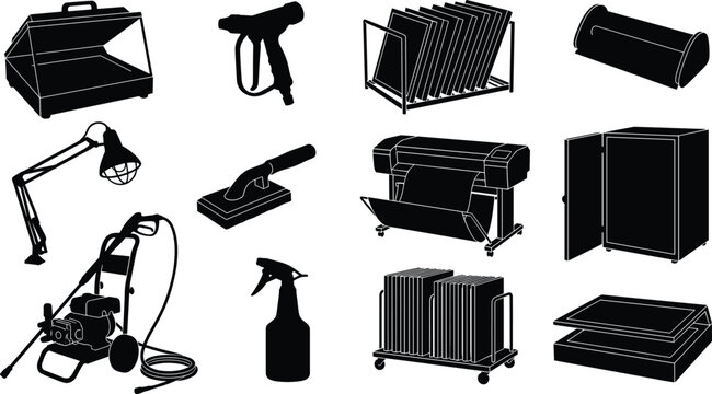 Commercial sign making vinyl graphics workshop large format printing banner fabrication and vehicle wrap studio tools icons set