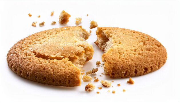 cracked crispy biscuit split into parts with crumbs isolated on cutout white background