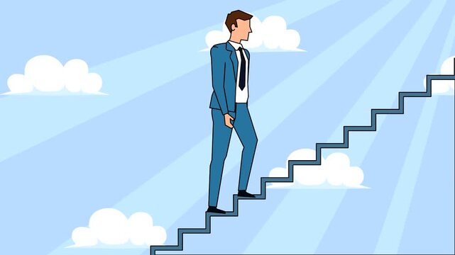 Businessman climbing stairs to success digital animation video background footage