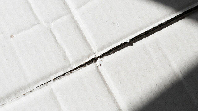 Damaged white cardboard, torn packaging material, broken box, cracked paper texture