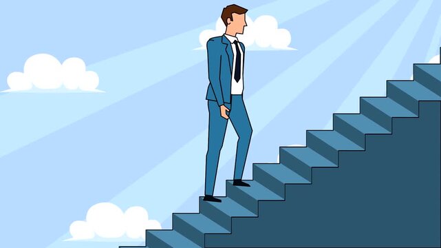 Businessman climbing upward staircase motion animation video for career growth success