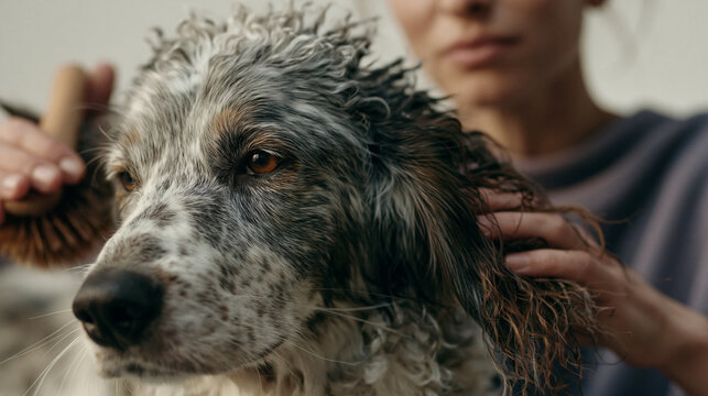 Close-up of a dog's face being groomed by a person. the dog appears to be an english setter, with a white and black coat.