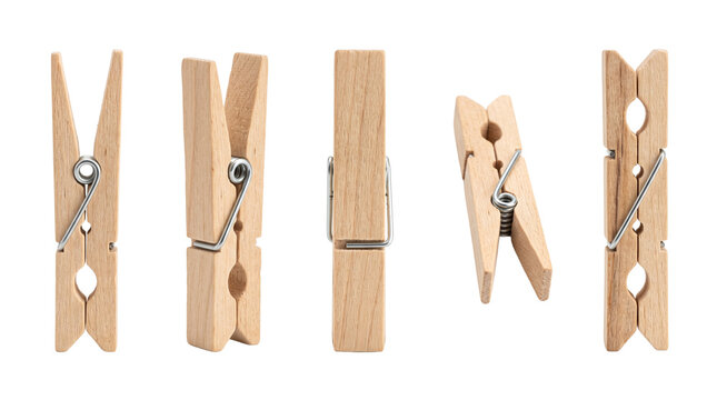 Wooden clothespin collection for craft projects, laundry concepts and eco-friendly branding. Isolated on White background.