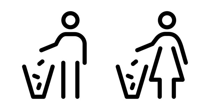 Throw trash in bin icon with man and woman figures. Public facility pictogram encouraging proper waste disposal for clean restrooms, shared spaces and public environments.