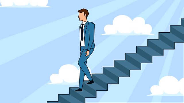 Businessman climbing stairs towards success in flat vector animation motion video