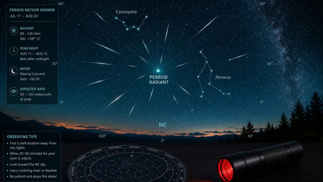Astronomy infographic showing the Perseid meteor shower radiant over a starry mountain night sky with constellations, observing tips and red flashlight.