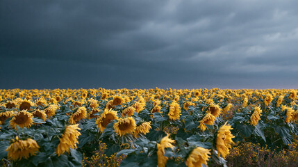 Fototapeta premium Landscape photograph of a field of sunflowers. the field is vast and full of bright yellow flowers, with rows of them reaching up towards the sky.