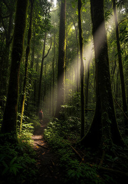 Boy Walking Through Tropical Rainforest with Sun Rays Lighting the Way