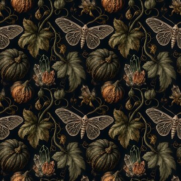 Gothic Halloween seamless pattern with dark pumpkins, skull moths, and crystals on black background
