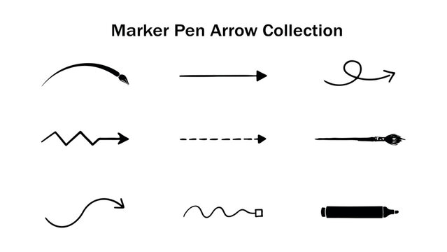 Marker pen arrow collection with various hand drawn doodle shapes isolated on transparent background for creative design projects and graphic illustration.
