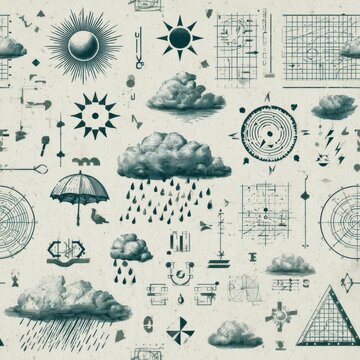 This design showcases various weather symbols and diagrams from the 1940s with a vintage style. The faded colors create a nostalgic feel.