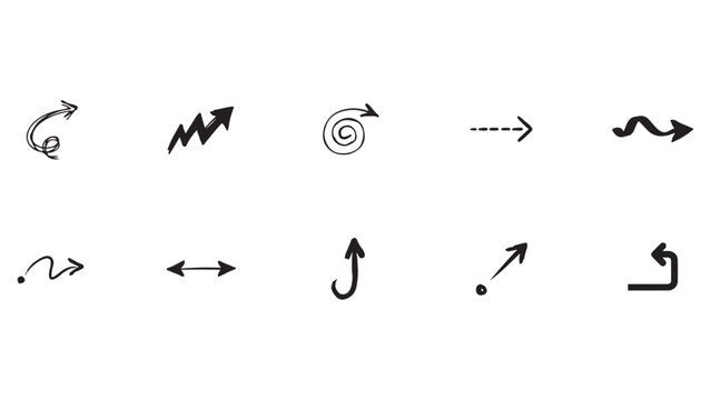 Complete pack of hand drawn arrows including unique spiral wavy dashed and straight line markers for graphic design projects on checker background set.
