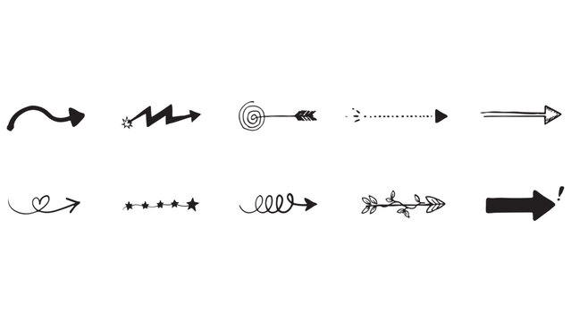 Decorative hand drawn arrow set including floral elements and star patterns for artistic invitations and creative scrapbooking designs vector illustration.