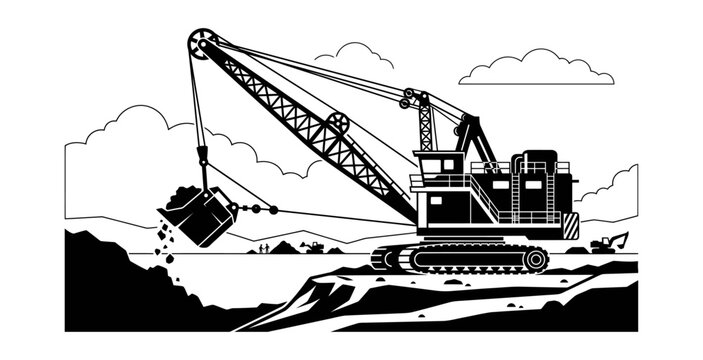 Dragline Excavator Flat Design Vector Illustration