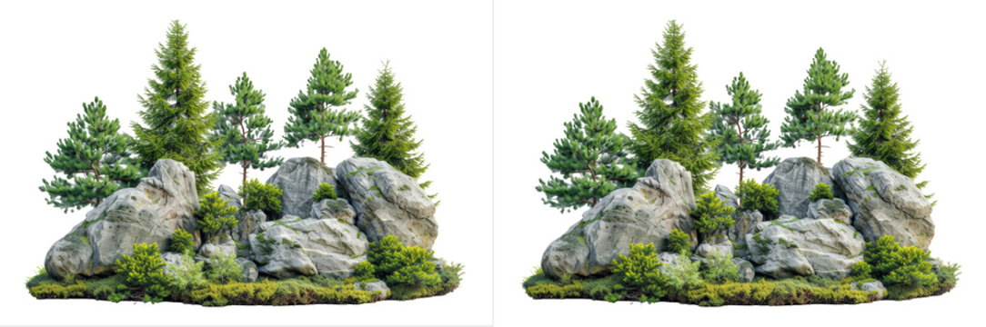 Composition of rocks and coniferous trees isolated on transparent background