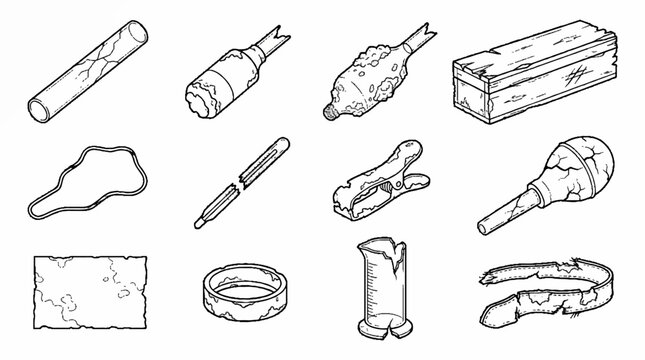 Isometric line art collection of post apocalyptic survival items and weathered wasteland debris.