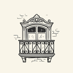 Vintage style ink sketch doodle illustration of an old European window with an ornate carved cornice and wrought iron balcony. Hand-drawn retro facade elements isolated on a light background. © void embers atelier