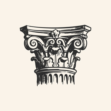 Hand-drawn Corinthian column capital sketch. Vintage ancient Greek architectural detail. Classic Roman pillar top. Ink engraving style isolated illustration.