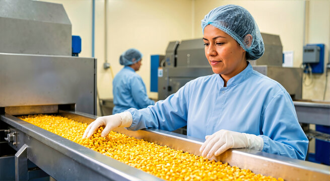 Hispanic female worker sorting golden corn kernels on a stainless steel conveyor belt. Woman in uniform and hairnet performing quality control in a food processing plant