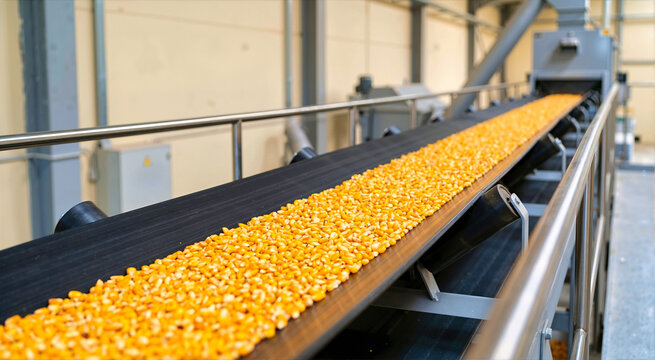 Golden corn kernels moving on a matte black conveyor belt. Industrial food processing and sorting in an agricultural factory. Automated mass production of raw grain