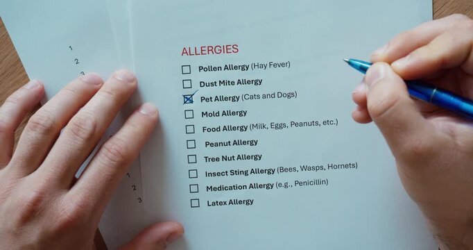 Close-up of a person checking applicable allergies on a medical questionnaire. Patient registration, healthcare documentation, medical history, and allergy assessment concept.