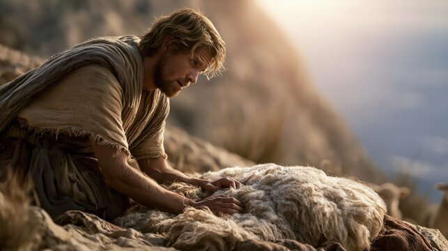 Gideon kneeling beside a fleece covered with morning dew seeking God's confirmation.