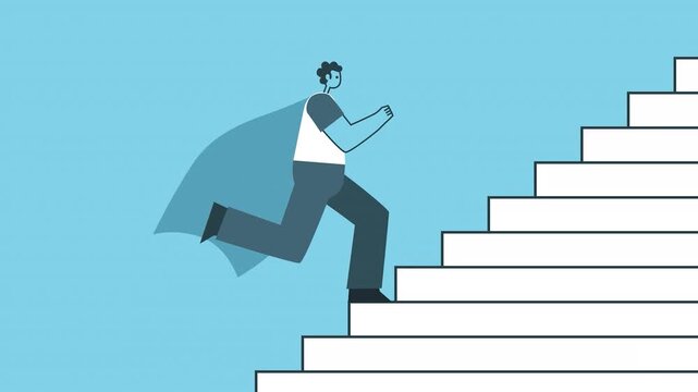 Superhero businessman climbing stairs motion animation for corporate growth success