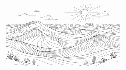 Fototapeta premium Minimalist Line Art of Mountain Landscape with Sun and Desert Vegetation.