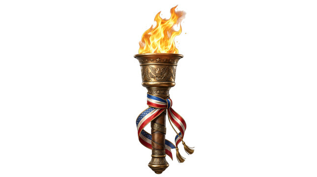 Antique bronze torch with burning flame and tricolor ribbon, ceremonial olympic fire on white background, vintage sports victory symbol