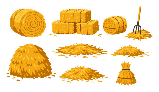 Hay and straw serve farming, agriculture, and livestock feeding, appearing as bales, loose piles, and a pitchfork