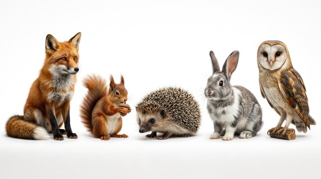 Collection of Woodland Creatures and Birds on White Background.