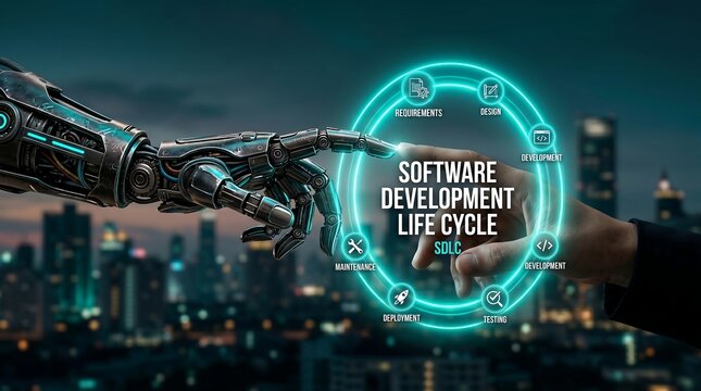 Robot and human hand touching with software development life cycle SDLC phases in cityscape