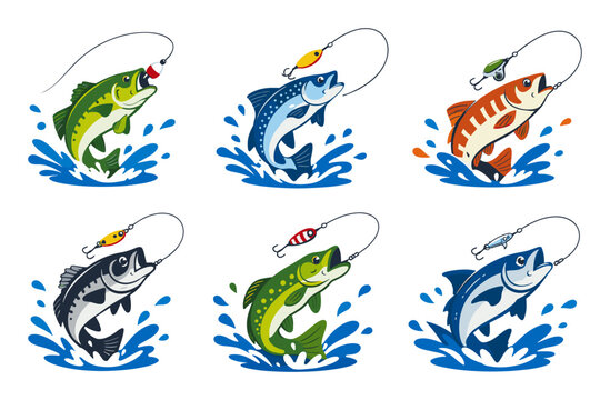 Fish leaping through water splashes, snagging assorted lures and baits, forming aquatic-sport logos