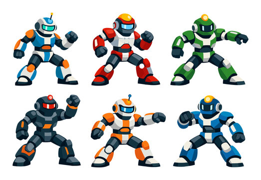 Cartoon robots in six colors striking dynamic fighting poses, representing a powerful team of futuristic cybernetic warriors
