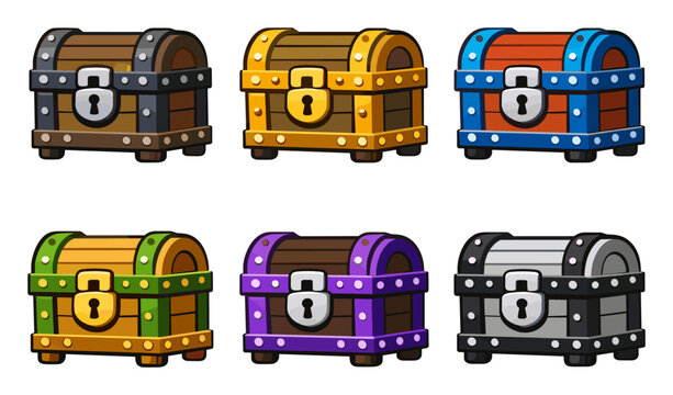 Colorful cartoon treasure chests&mdash;six locked boxes&mdash;serving as game assets, loot containers, or reward symbols